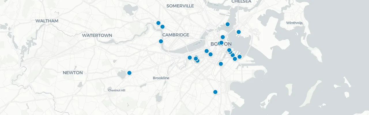 Map of rooftop venues in Boston
