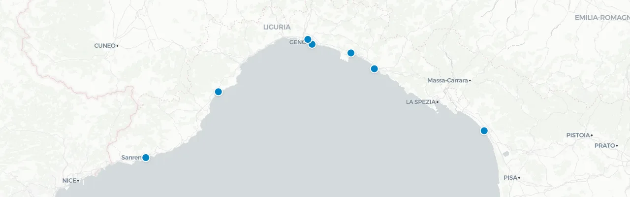 Map of rooftop venues in Italian Riviera