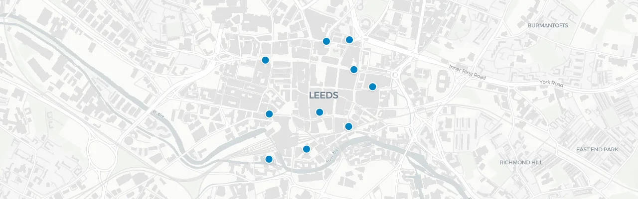 Map of rooftop venues in Leeds
