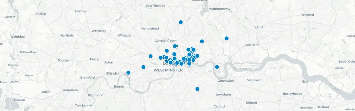 Map of rooftop venues in London