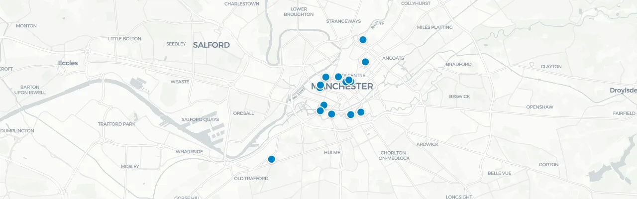Map of rooftop venues in Manchester