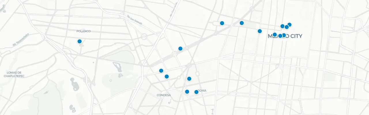 Map of rooftop venues in Mexico City