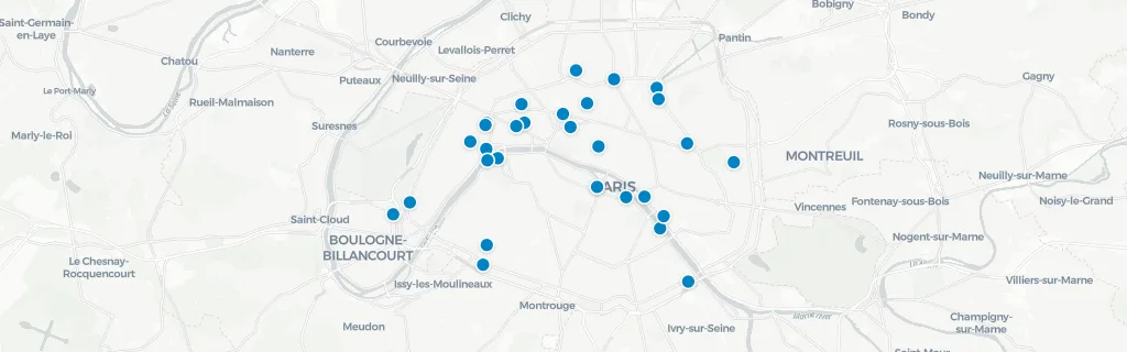 Map of rooftop venues in Paris