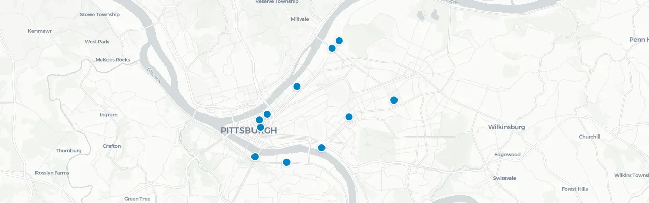 Map of rooftop venues in Pittsburgh