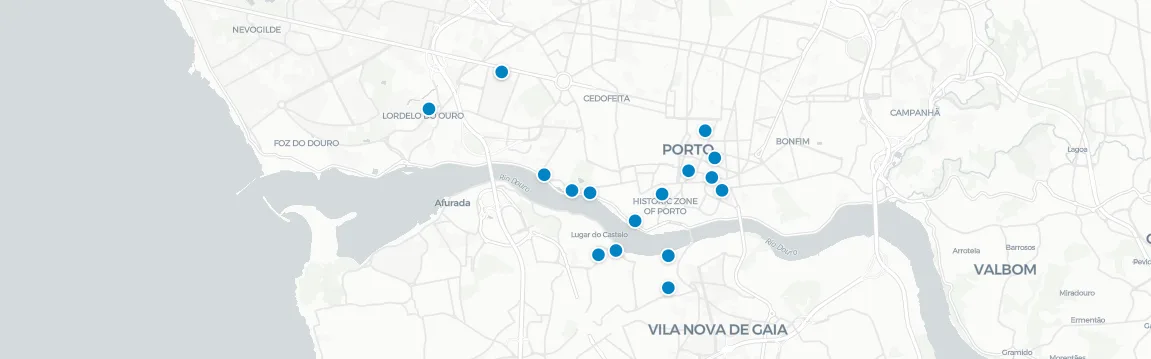 Map of rooftop venues in Porto