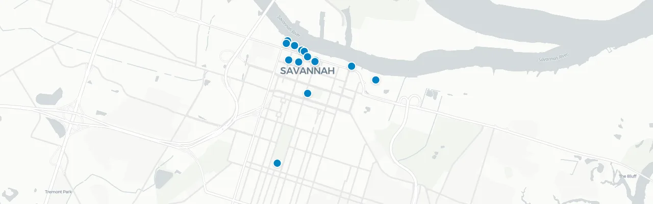 Map of rooftop venues in Savannah
