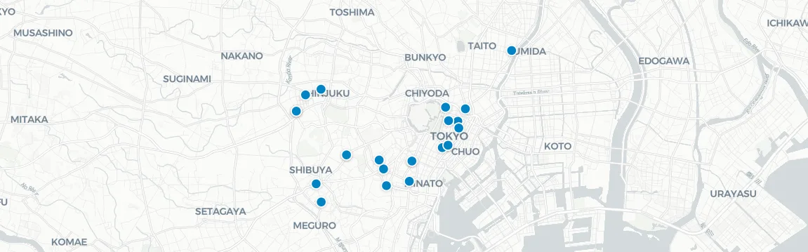 Map of rooftop venues in Tokyo